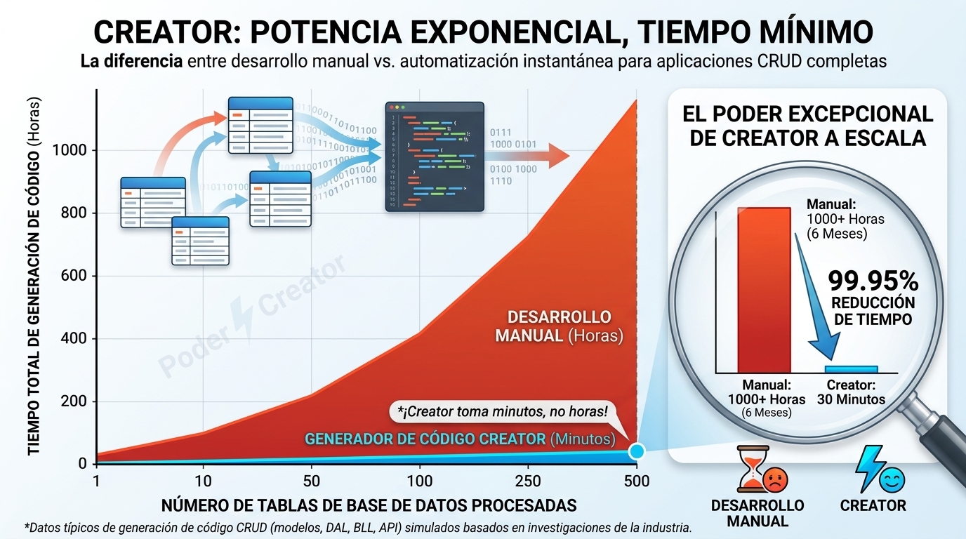 Gráfico de rendimiento de Creator según número de tablas